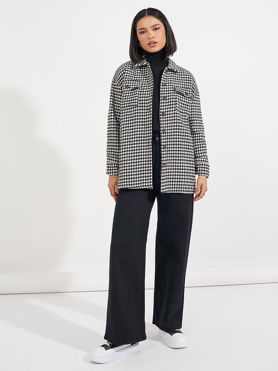 Oversized Longline Houndstooth Shacket