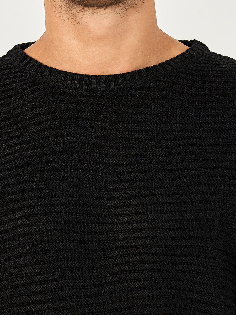 Waffle Knit Textured Relaxed Fit Crew Neck Sweater