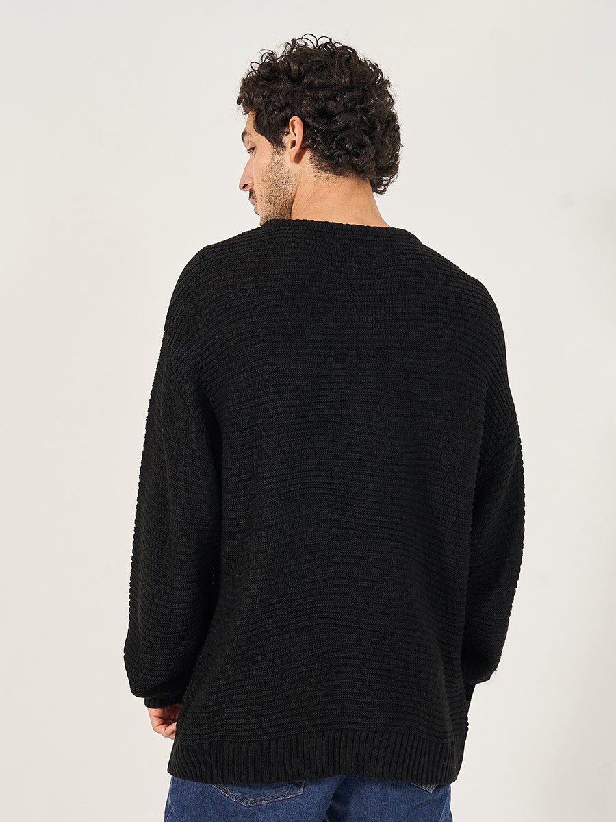 Waffle Knit Textured Relaxed Fit Crew Neck Sweater