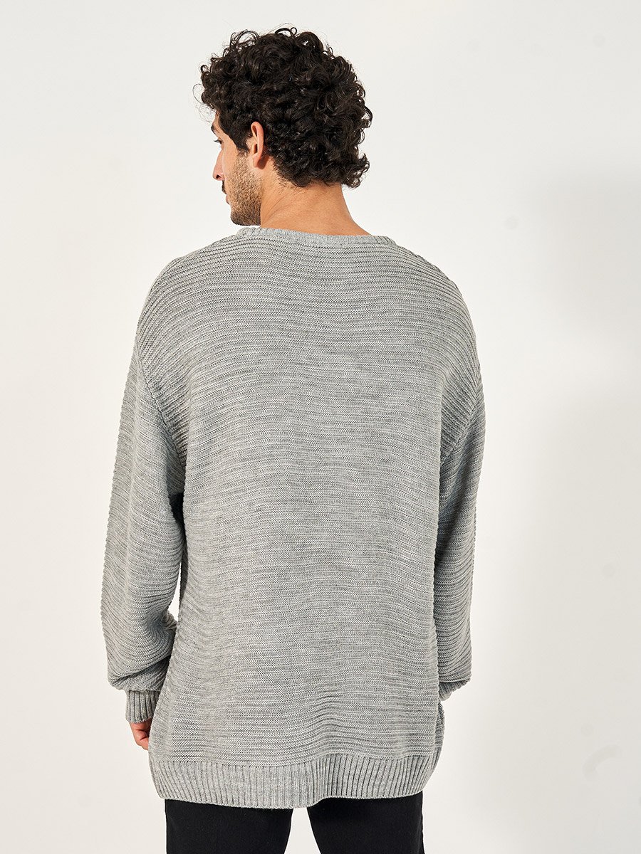 Waffle Knit Textured Relaxed Fit Crew Neck Sweater
