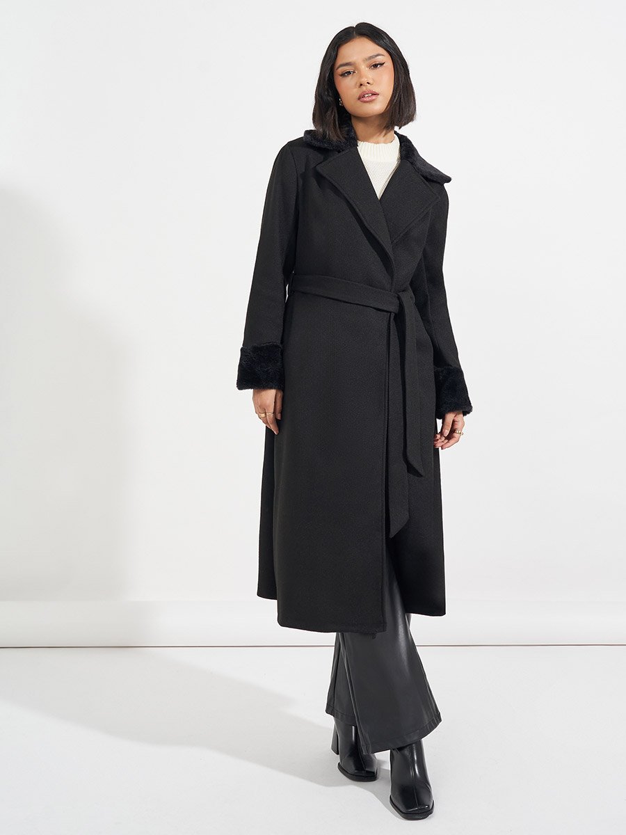 Regular Fit Belted Wool-Like Coat with Faux Fur Detail