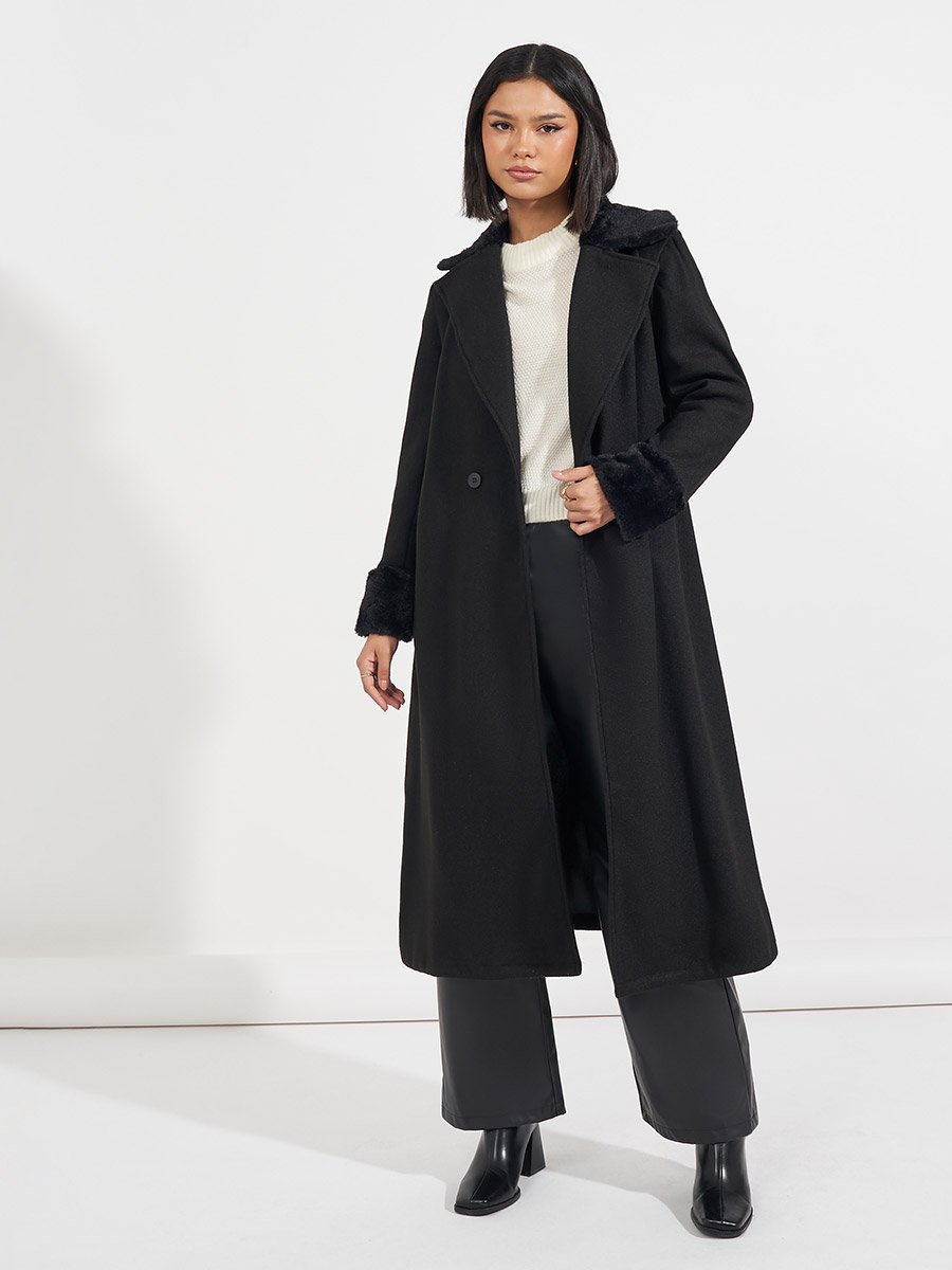 Regular Fit Belted Wool-Like Coat with Faux Fur Detail