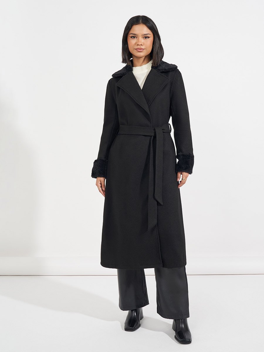 Regular Fit Belted Wool-Like Coat with Faux Fur Detail