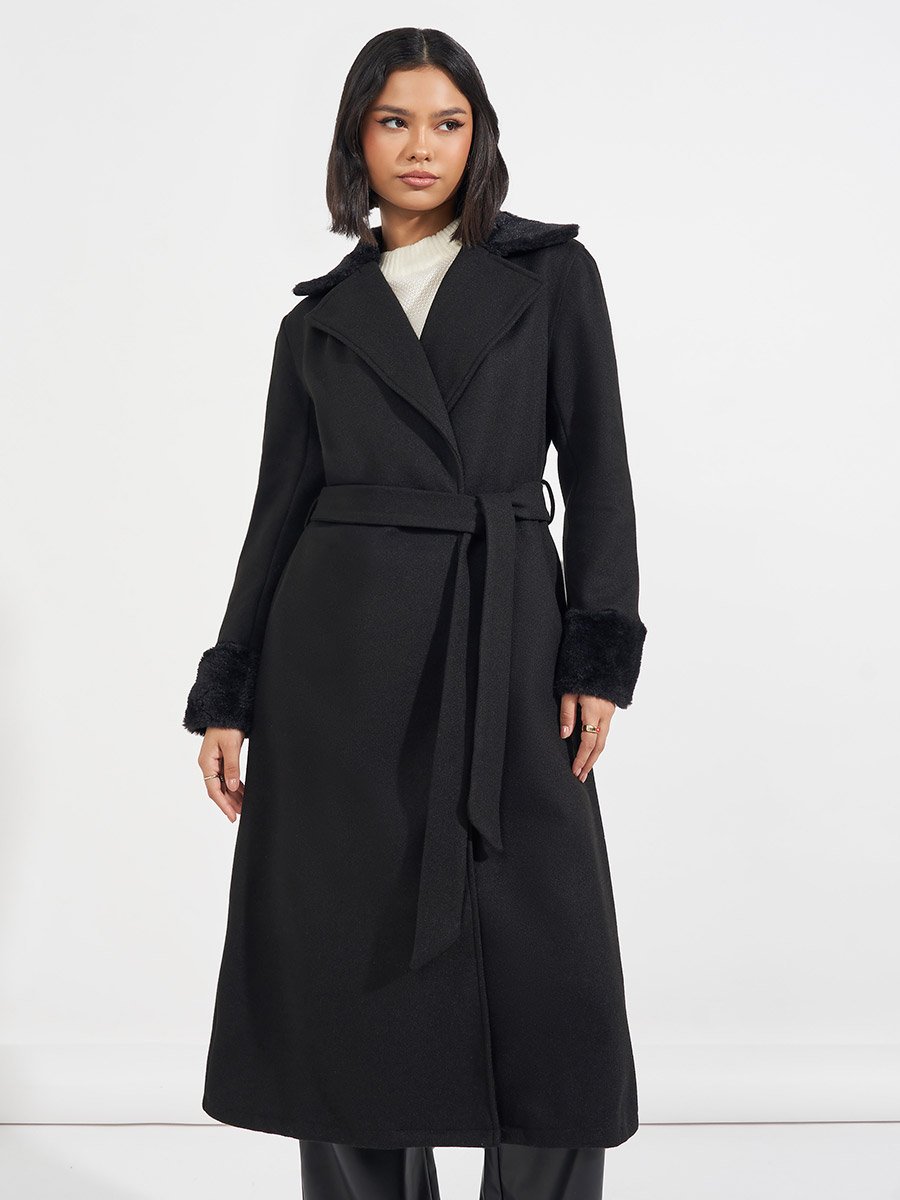 Regular Fit Belted Wool-Like Coat with Faux Fur Detail