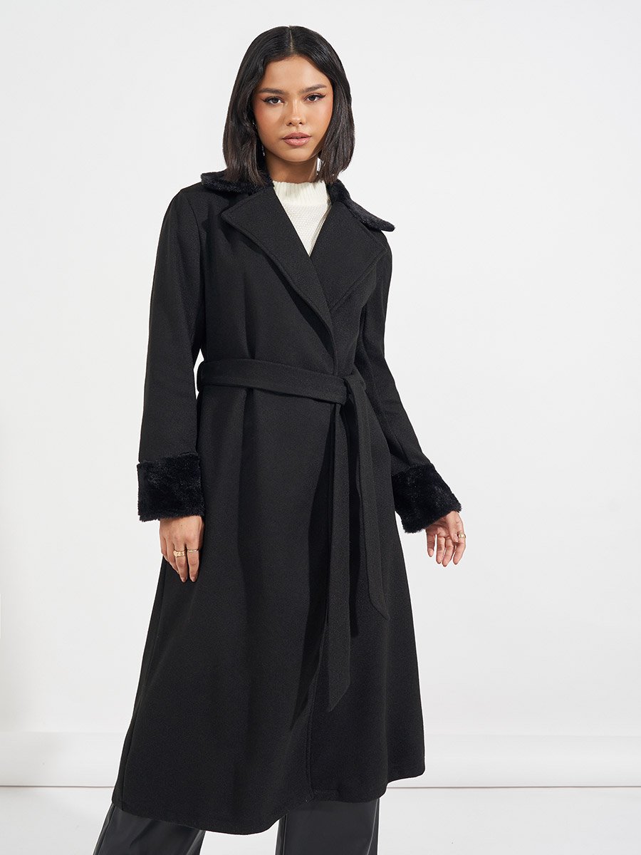 Regular Fit Belted Wool-Like Coat with Faux Fur Detail