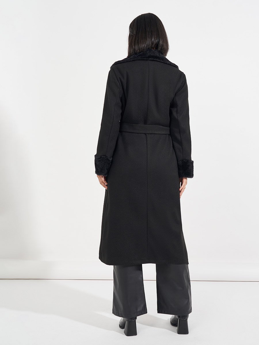 Regular Fit Belted Wool-Like Coat with Faux Fur Detail