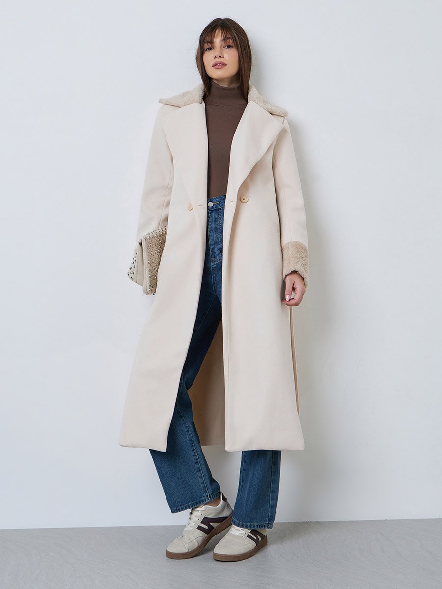 Regular Fit Belted Wool-Like Coat with Faux Fur Detail