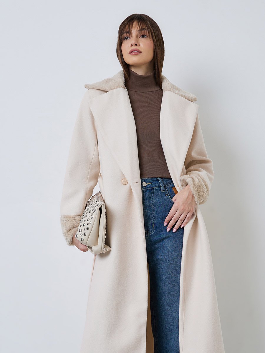 Regular Fit Belted Wool-Like Coat with Faux Fur Detail
