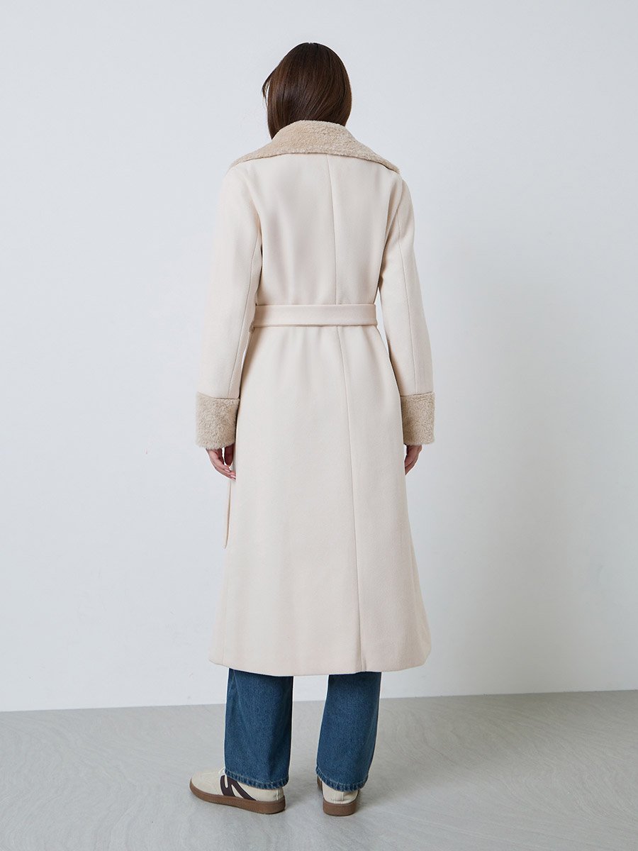 Regular Fit Belted Wool-Like Coat with Faux Fur Detail
