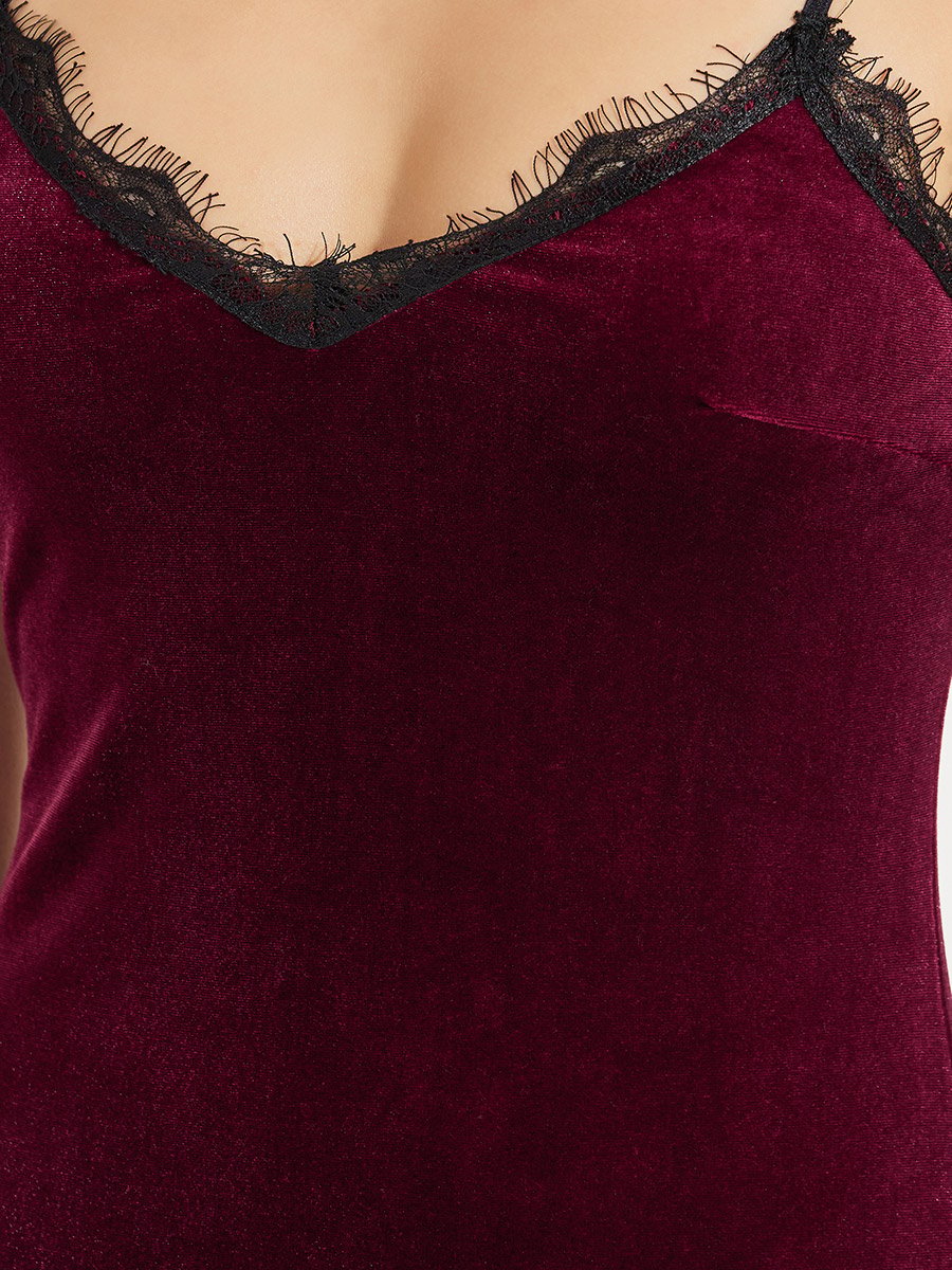 Velvet Lace Trim Side Slit Slip Dress