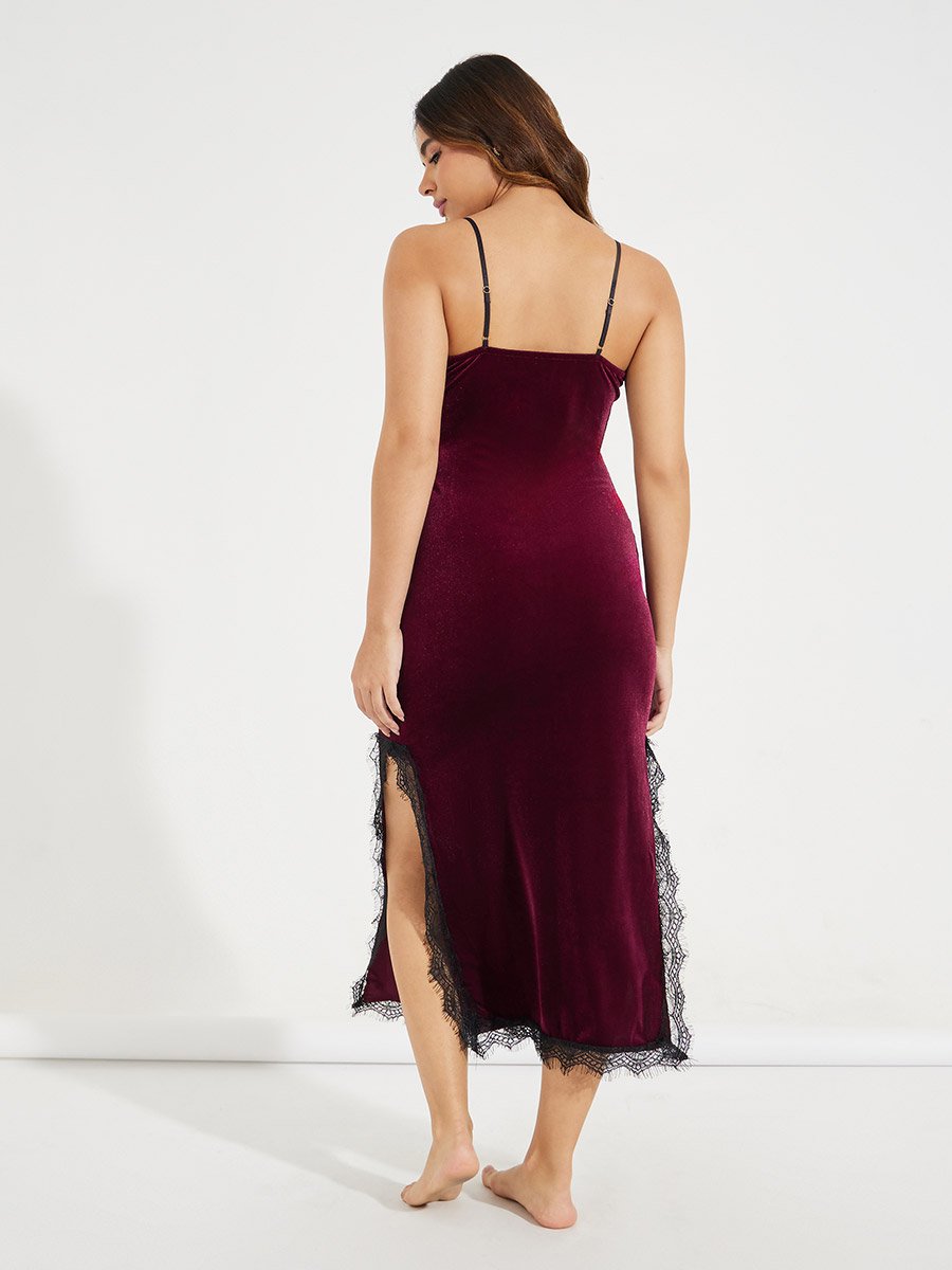 Velvet Lace Trim Side Slit Slip Dress For Women at Saudi | Styli