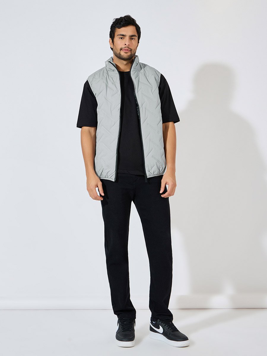 Diagonal Quilted Sleeveless Puffer Jacket with Welt Pockets