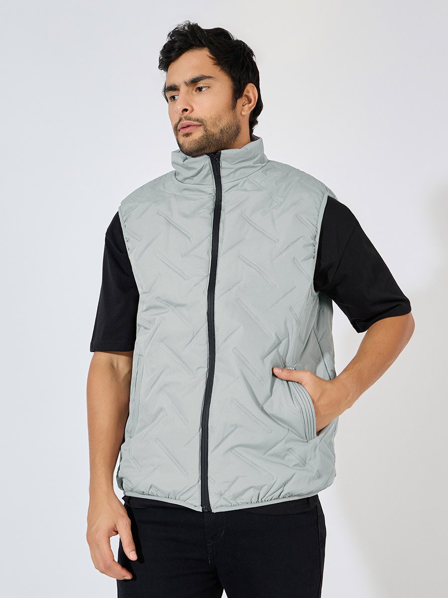 Diagonal Quilted Sleeveless Puffer Jacket with Welt Pockets