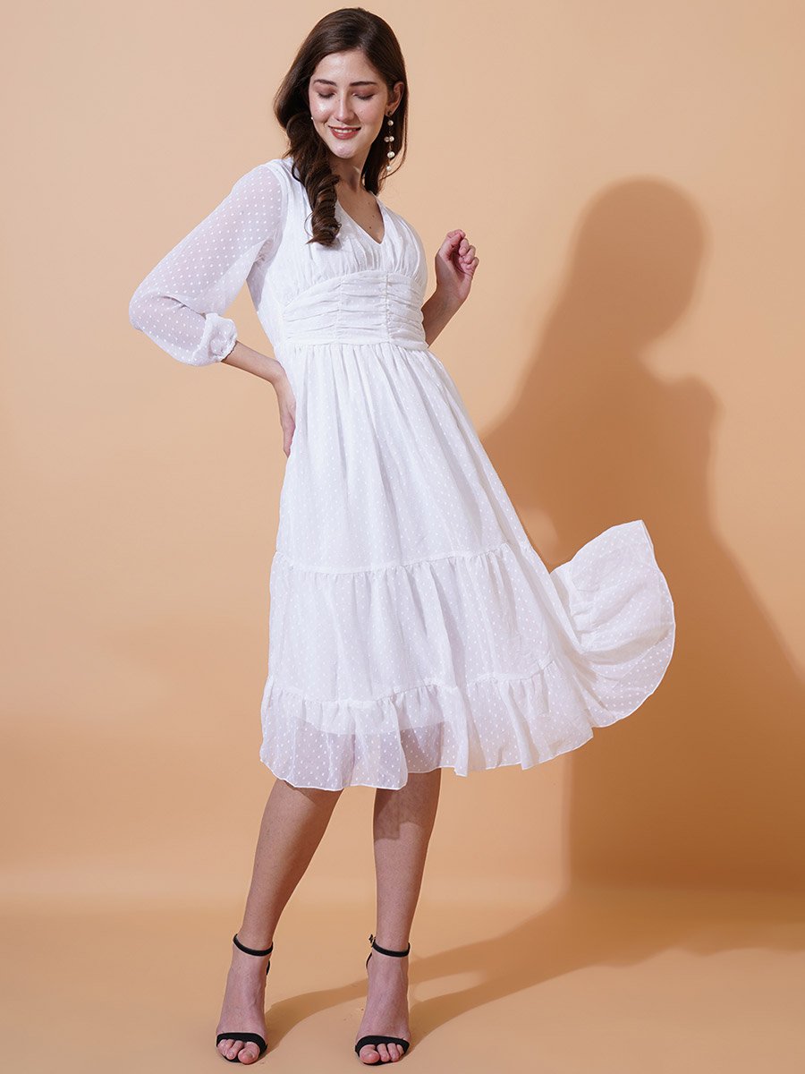 Dobby V Neck Tiered Midi Dress For Women at Kuwait | Styli Dobby V Neck Tiered Midi Dress For Women at Kuwait | Styli