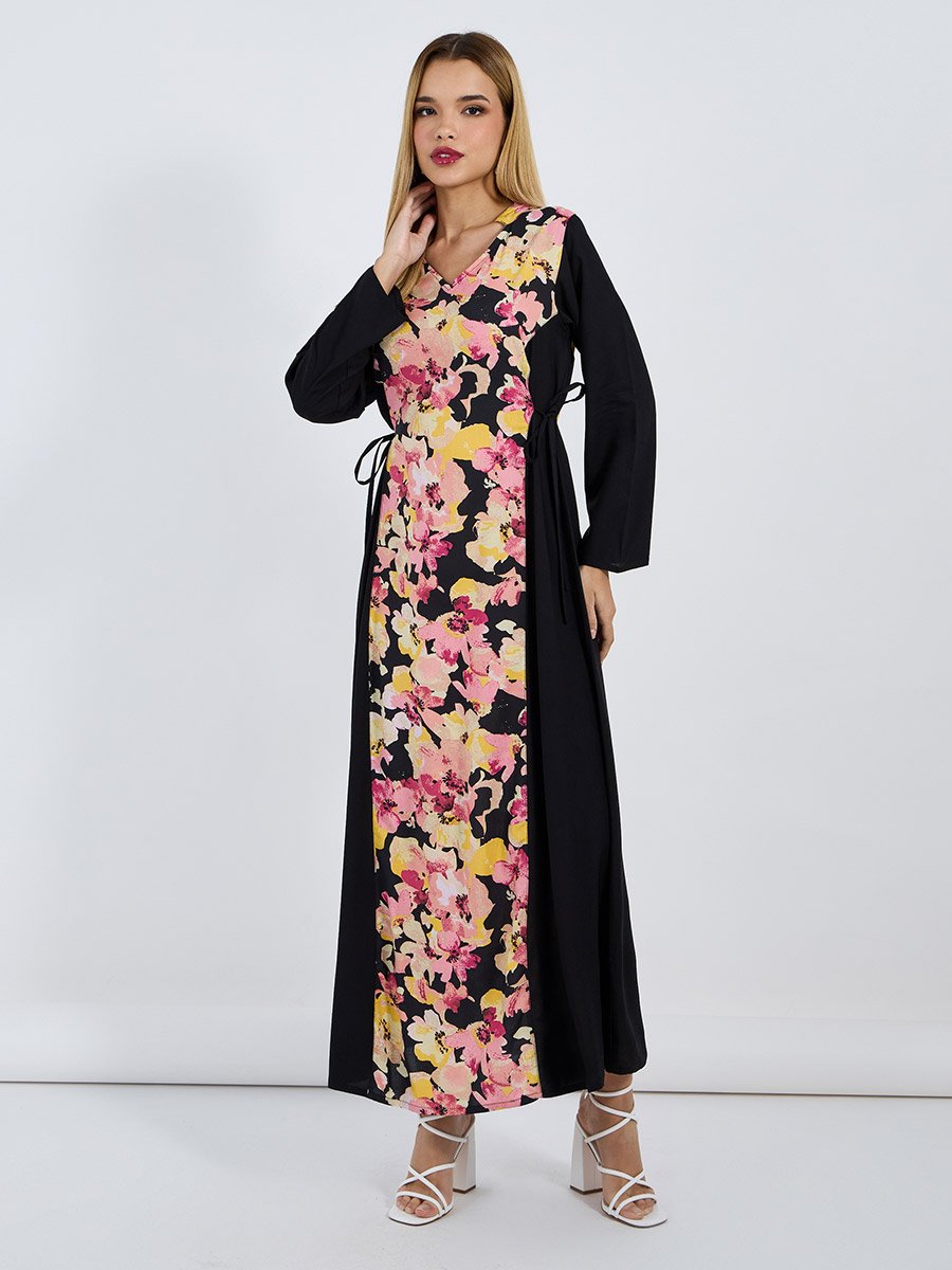 Floral Front Panel Jalabiya with Side Tie Up Detail