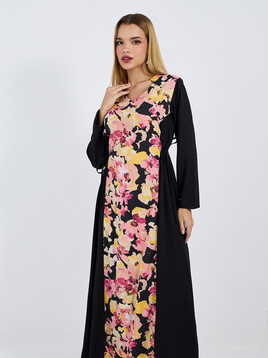 Floral Front Panel Jalabiya with Side Tie Up Detail