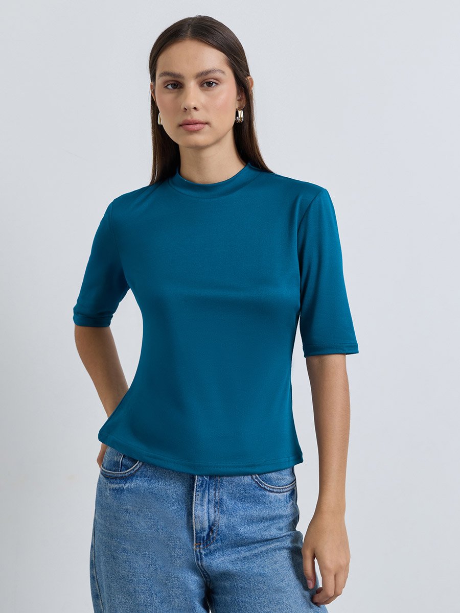 Blue Mock Neck Fitted T-Shirt with Padded Shoulder