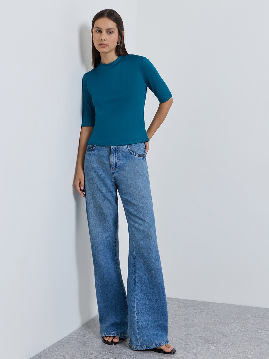 Blue Mock Neck Fitted T-Shirt with Padded Shoulder