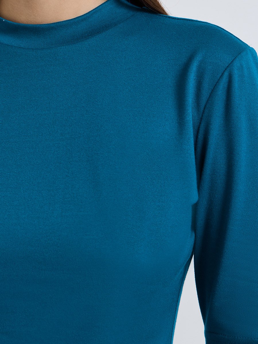 Blue Mock Neck Fitted T-Shirt with Padded Shoulder