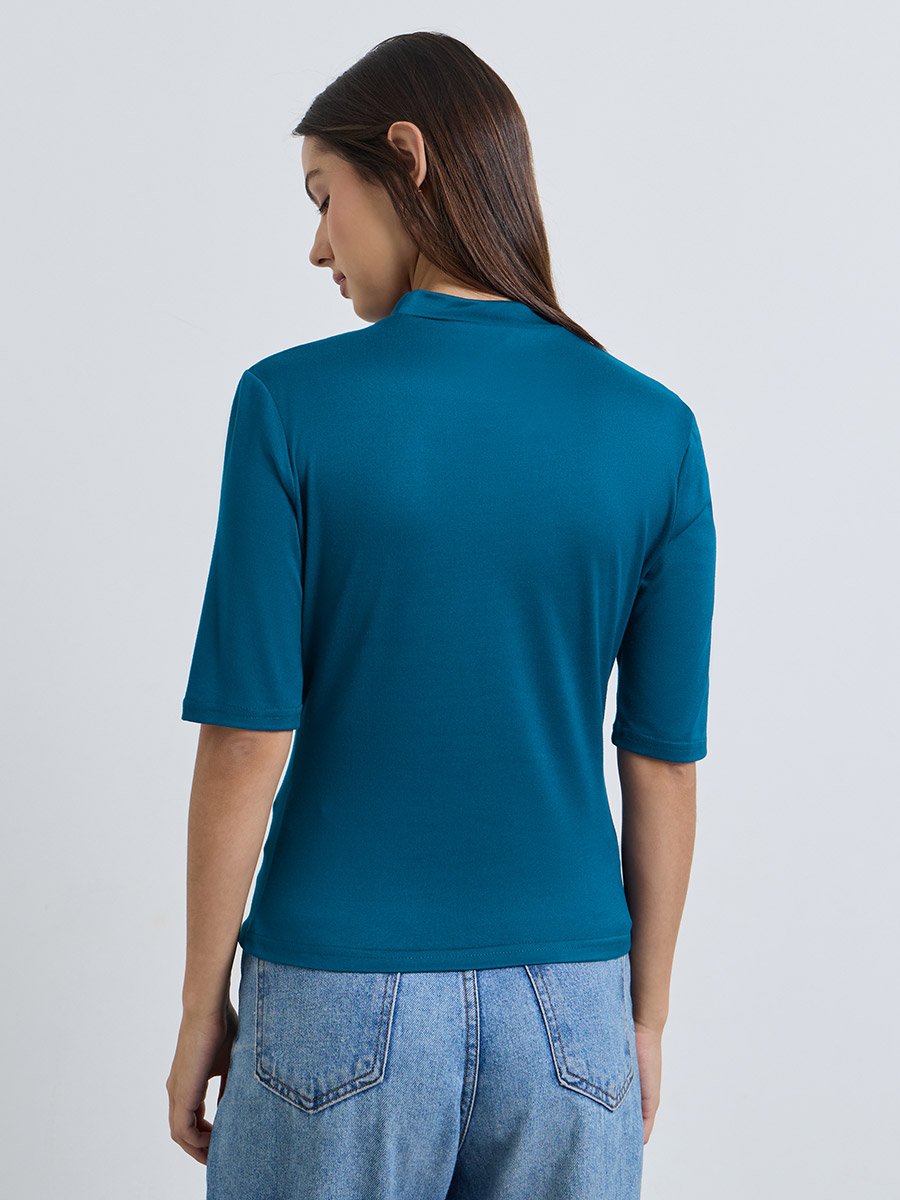 Blue Mock Neck Fitted T-Shirt with Padded Shoulder
