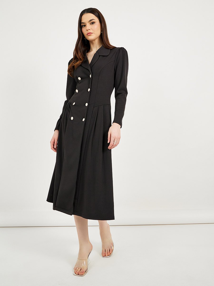 Notch Lapel Collar Double Breasted Blazer Midi Dress