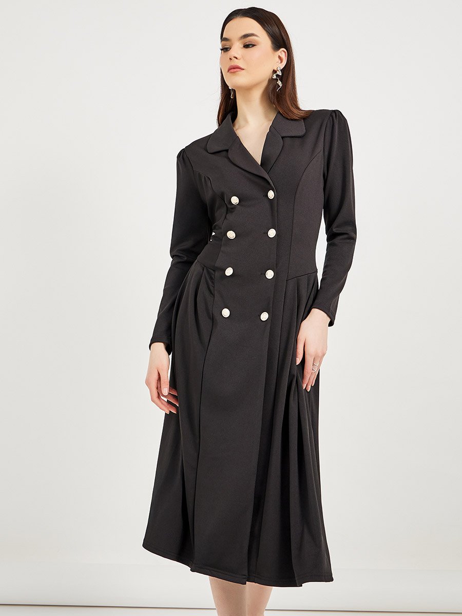 Notch Lapel Collar Double Breasted Blazer Midi Dress