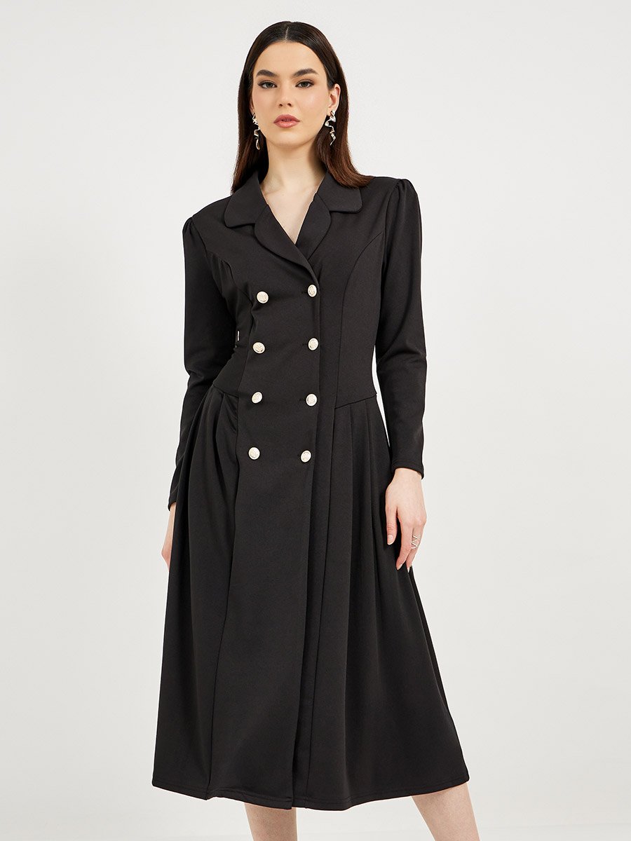 Notch Lapel Collar Double Breasted Blazer Midi Dress