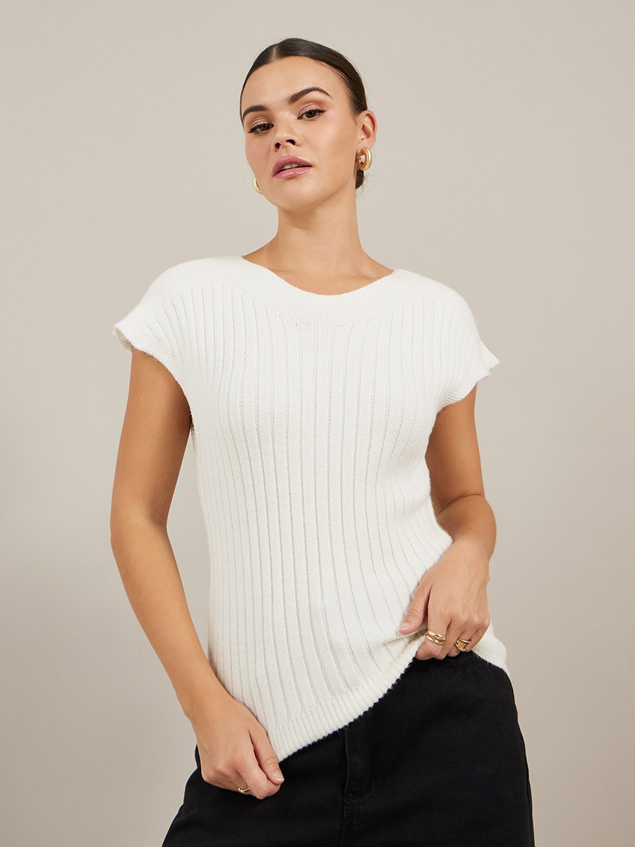 Ribbed V Neck Knit Top with Cap Sleeves
