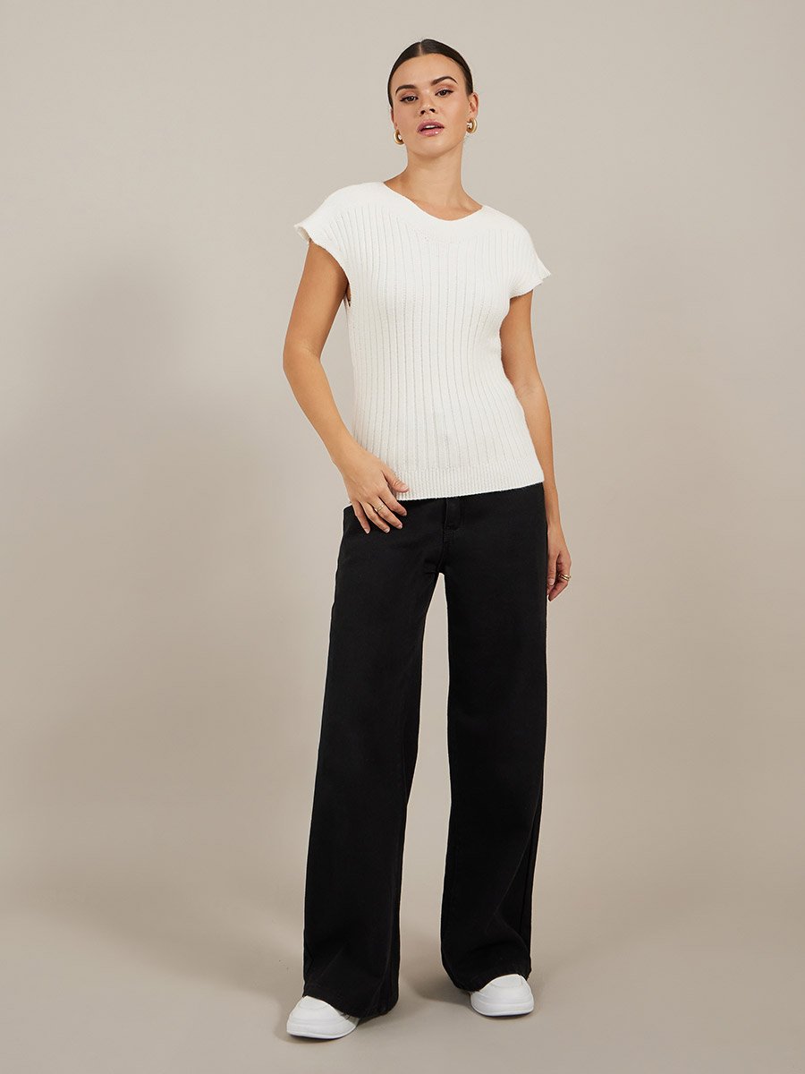 Ribbed V Neck Knit Top with Cap Sleeves