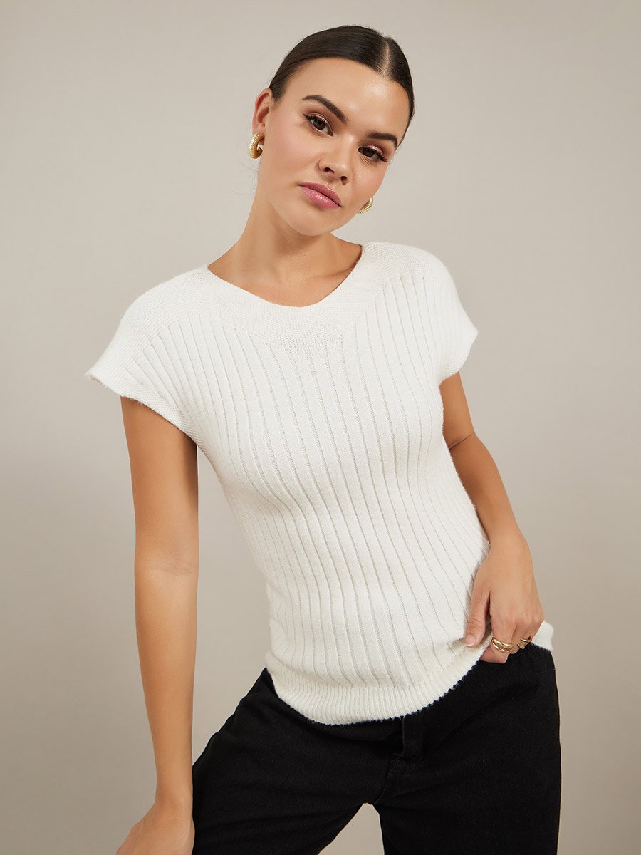 Ribbed V Neck Knit Top with Cap Sleeves