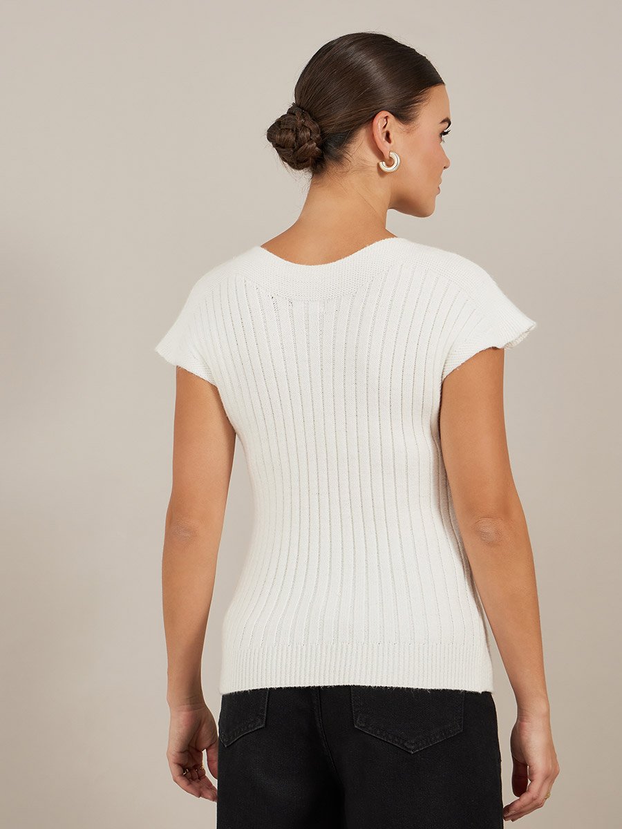 Ribbed V Neck Knit Top with Cap Sleeves