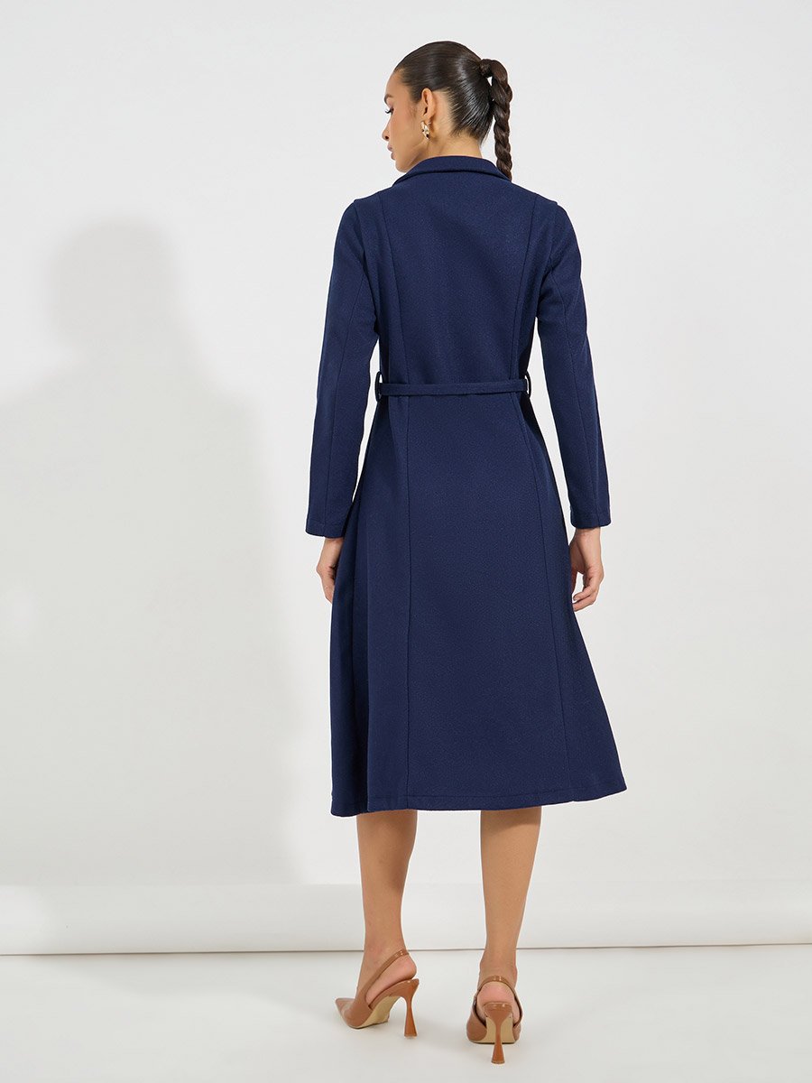 Notch Lapel Fit and Flare Wool Like Belted Blazer Midi Dress For Women at Bahrain | Styli Notch Lapel Fit and Flare Wool Like Belted Blazer Midi Dress For Women at Bahrain | Styli