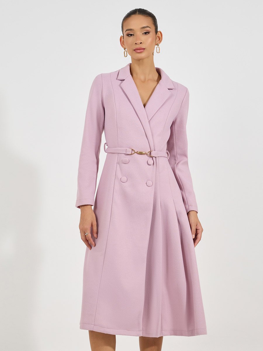 Notch Lapel Fit and Flare Wool Like Belted Blazer Midi Dress For Women at  UAE | Styli