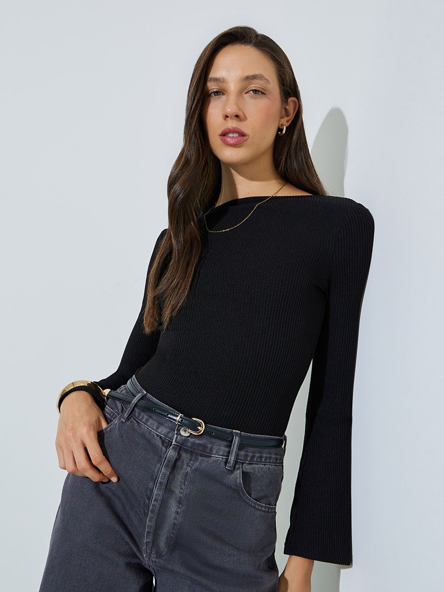 Black Ribbed Long Sleeve Fitted Knit Top