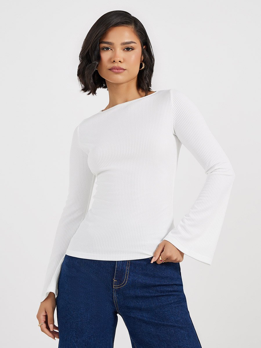 Rib Knit Top with Flared Sleeves For Women at UAE | Styli