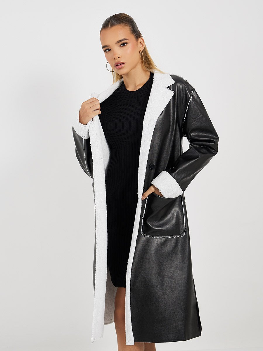 Regular Fit Leather Look Trench with Faux Fur Lining