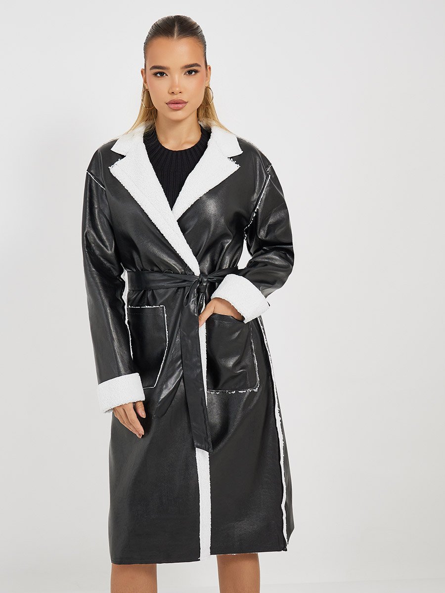 Regular Fit Leather Look Trench with Faux Fur Lining