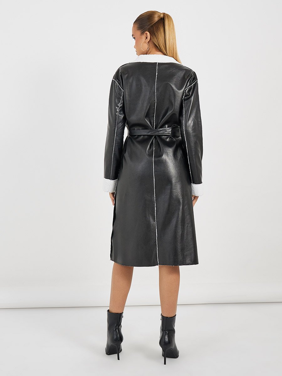Regular Fit Leather Look Trench with Faux Fur Lining