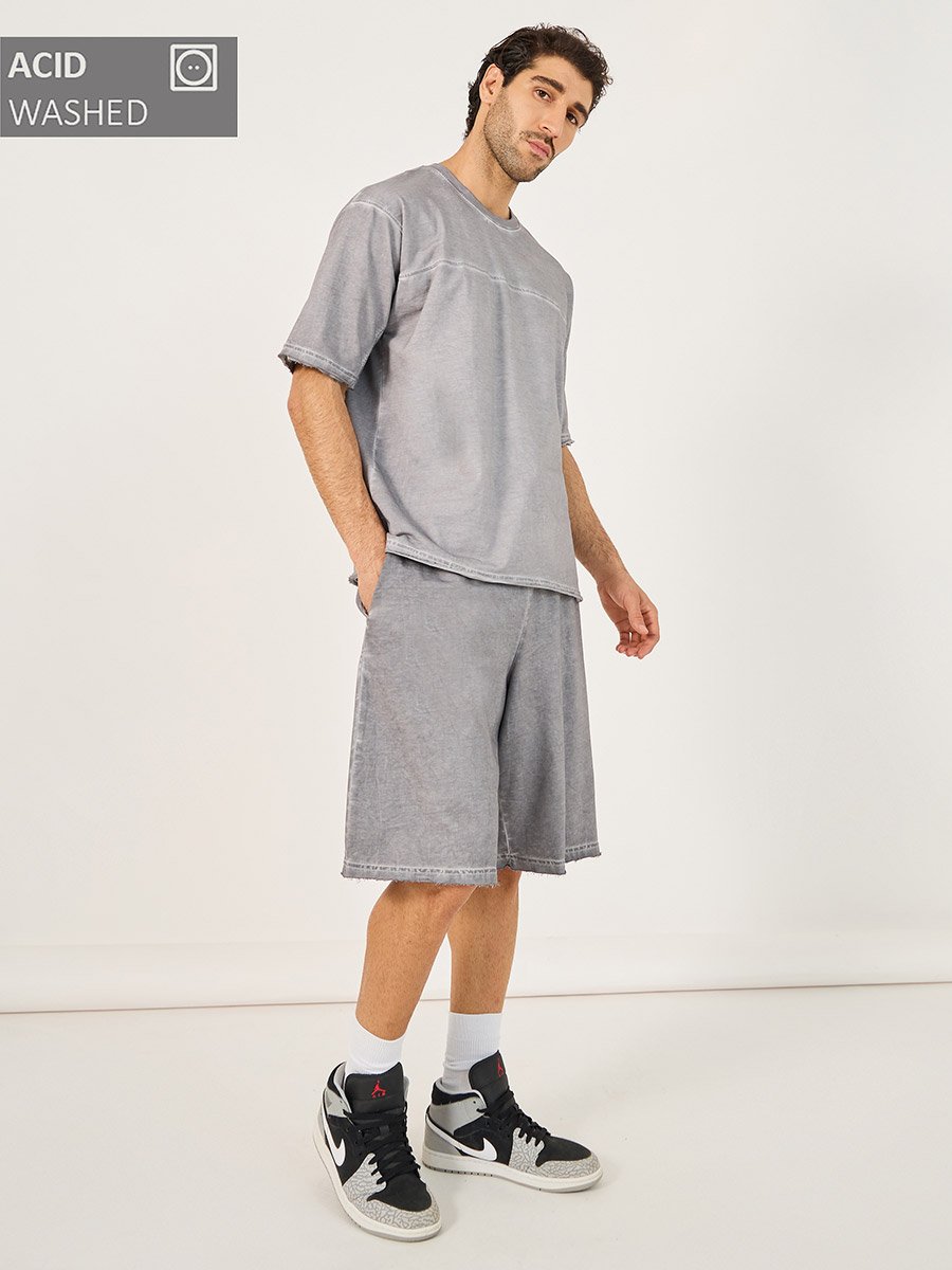 Terry Acid Wash Round Neck T-Shirt and Shorts Co-Ords