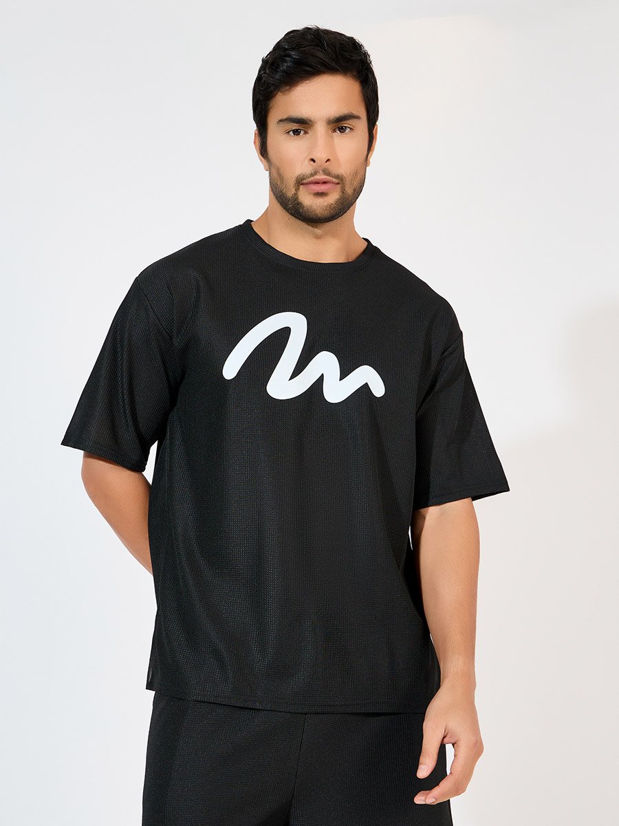 Waffle Knit Graffiti Print Oversized T-Shirt and Shorts Co-Ords