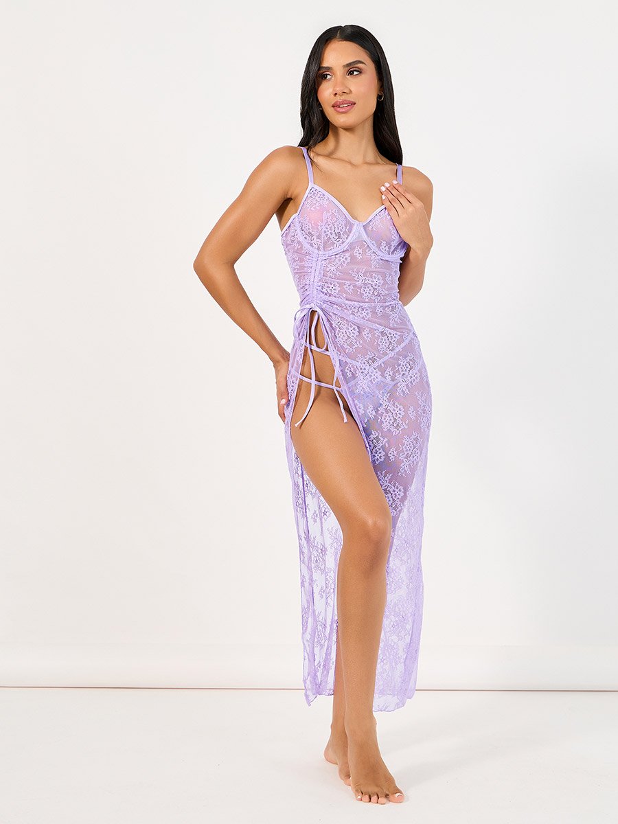 All Over Lace Ruched Tie High Slit Slip Dress and Thong Set For Women at Saudi | Styli All Over Lace Ruched Tie High Slit Slip Dress and Thong Set For Women at Saudi | Styli