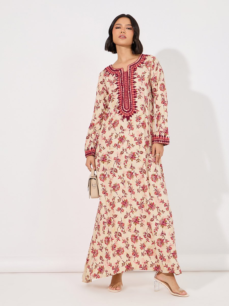 Floral Print Rayon Mukhawar Jalabiya with Handwork