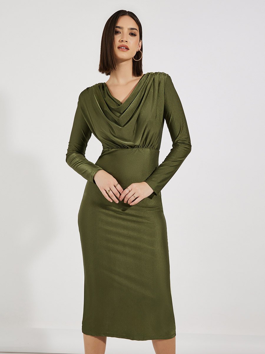 cowl neck bodycon midi dress Frieda Cowl Neck Side Split Ribbed Midi Dress Sky Blue