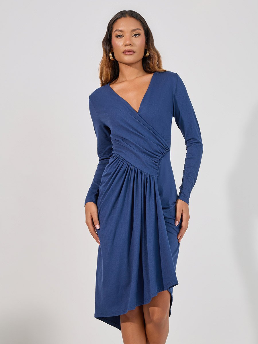 Gathered Detail Asymmetric Hem Midi Dress For Women at Kuwait | Styli Gathered Detail Asymmetric Hem Midi Dress For Women at Kuwait | Styli