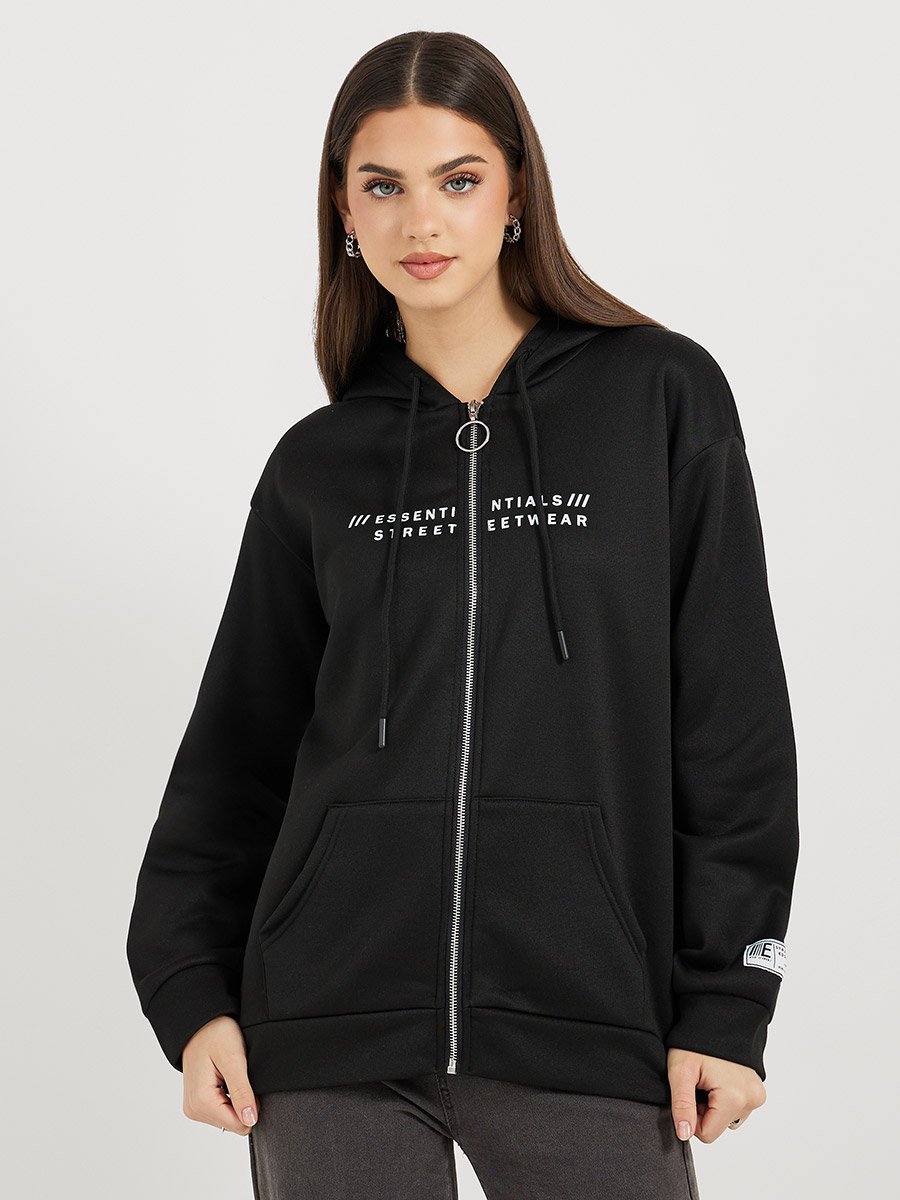 Longline Slogan Print Zip Up Hoodie