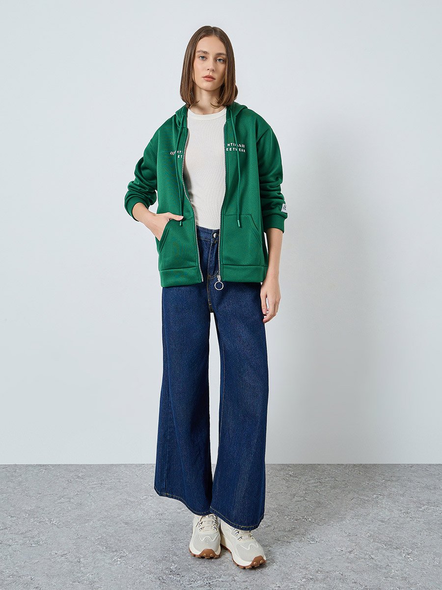 Longline Slogan Print Zip Up Hoodie