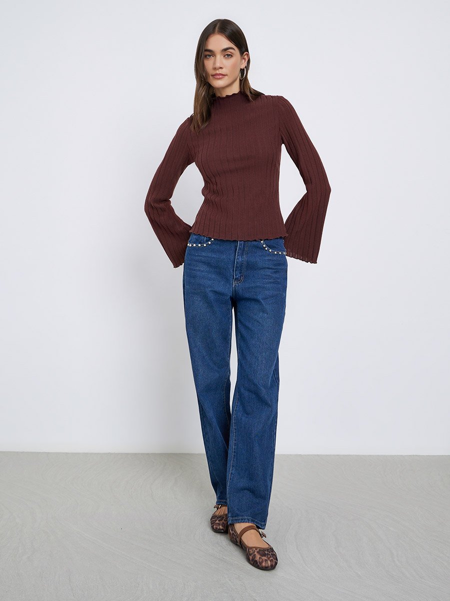 Brown Ribbed Knit Long Sleeve Top