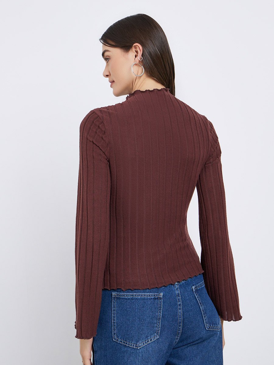 Brown Ribbed Knit Long Sleeve Top