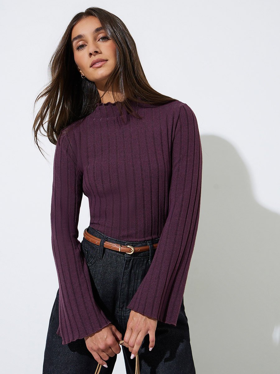 Purple Ribbed Knit Long Sleeve Top