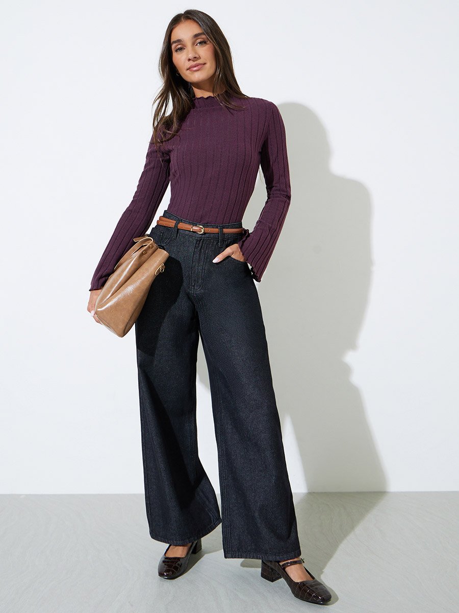 Purple Ribbed Knit Long Sleeve Top